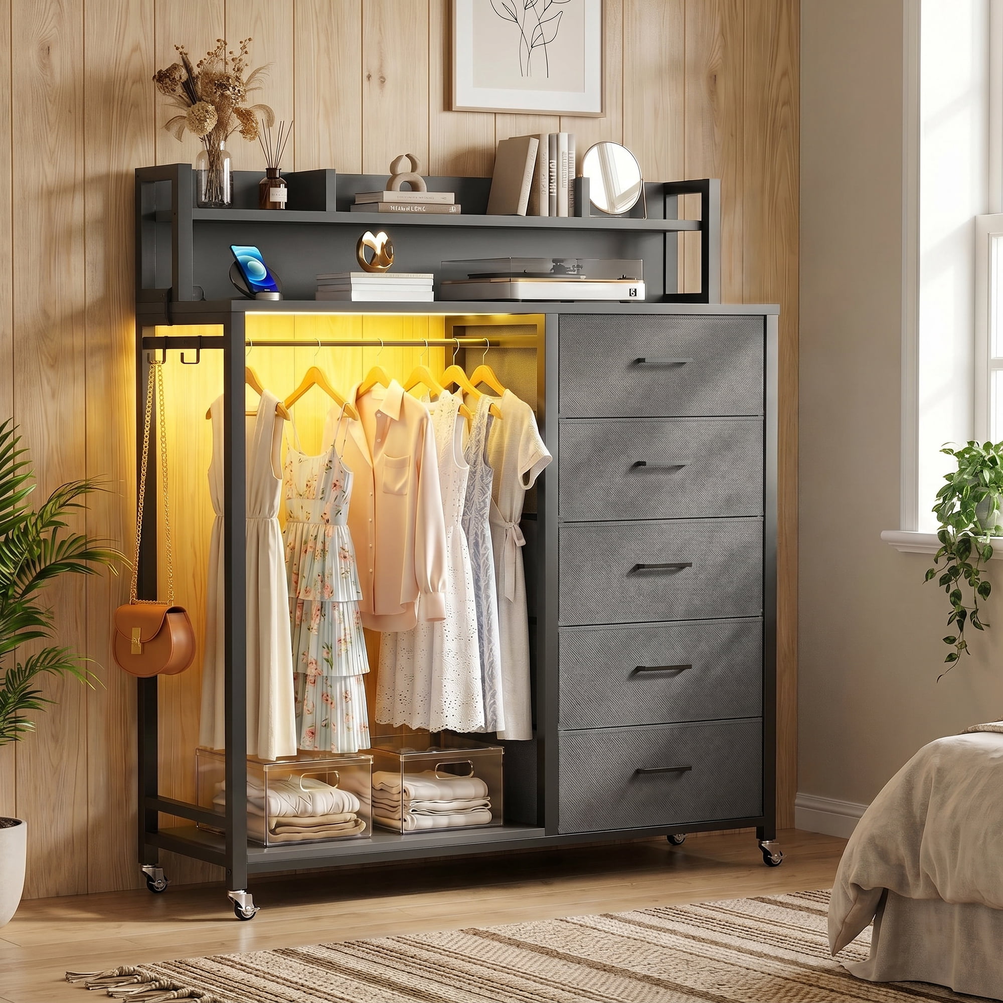 Aheaplus Dresser for Bedroom with Clothes Rack & Shelves, 5 Drawers Dresser with Charging Station & LED Lights, Chest of Drawers with Lockable Wheels, Storage Shelves, Bedroom, Entryway,Black