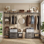 Aheaplus Durable Heavy Duty Garment Rack with 6 Drawers, Large Wall-Mounted Closet Organizer for Wardrobe, Bedroom, and Walk-in Closet, Gray Oak+Black