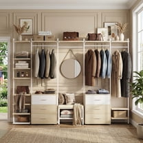 Aheaplus Durable Heavy Duty Garment Rack with 6 Drawers, Large Wall-Mounted Closet Organizer for Wardrobe, Bedroom, and Walk-in Closet, Natural White