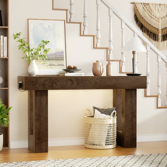 Aheaplus Farmhouse 47" Console Table with Power Outlets & Motion Sensor Light - Narrow Storage Entryway Table for Hallway/Living Room,Rustic Oak