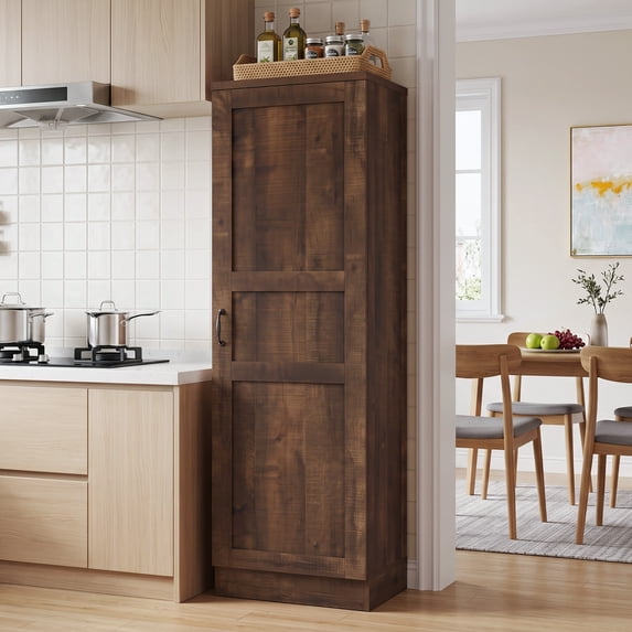 Aheaplus Farmhouse Pantry Storage Cabinet - Freestanding Narrow Cabinet with Adjustable Shelves for Kitchen, Bathroom & Utility Room,Walnut