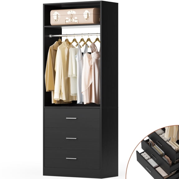 Aheaplus Freestanding Closet Organizer: 3-Drawer Storage with Rod & Shelves, Space-Saving 24-inch Cabinet,Black
