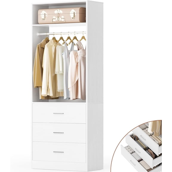 Aheaplus Freestanding Closet Organizer: 3-Drawer Storage with Rod & Shelves, Space-Saving 24-inch Cabinet,White