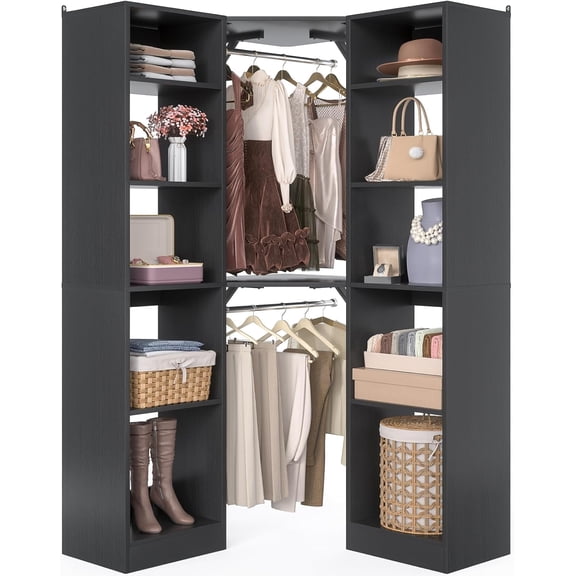 Aheaplus Freestanding Corner Closet Organizer, 39.2" W x 80" H - 12 Shelves & 2 Hanging Rods, Space-Saving for Walk-in Closets,Black