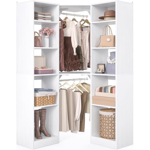 Aheaplus Freestanding Corner Closet Organizer, 39.2" W x 80" H - 12 Shelves & 2 Hanging Rods, Space-Saving for Walk-in Closets,White