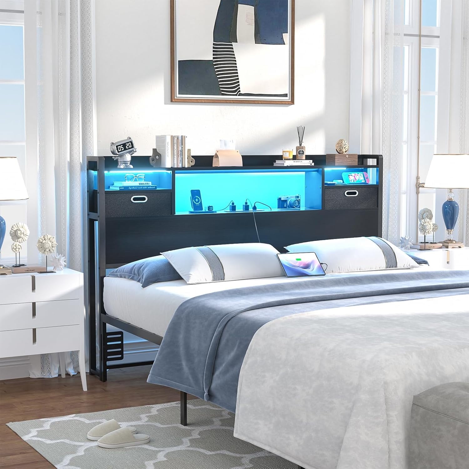 Aheaplus Full Headboard with Drawer Storage and LED Light, Wood ...
