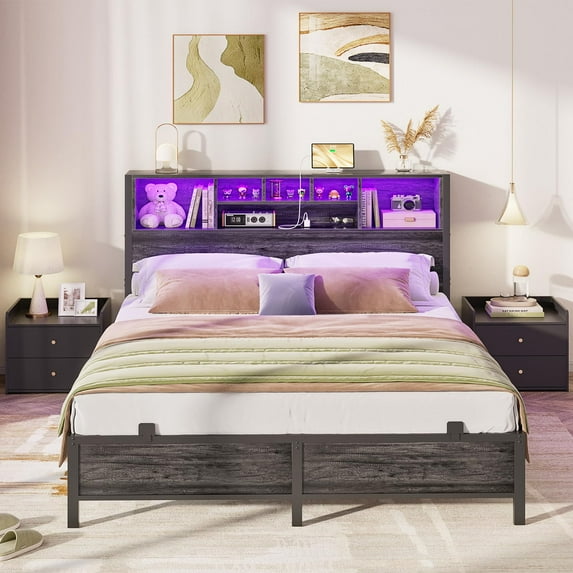 Aheaplus Full Size Bed Frame with Bookcase Headboard, Metal Platform Bed Frame Queen Size with Charging Station and LED Light, Heavy Duty Metal Slats, No Box Spring Needed, Noise-Free, Black Oak