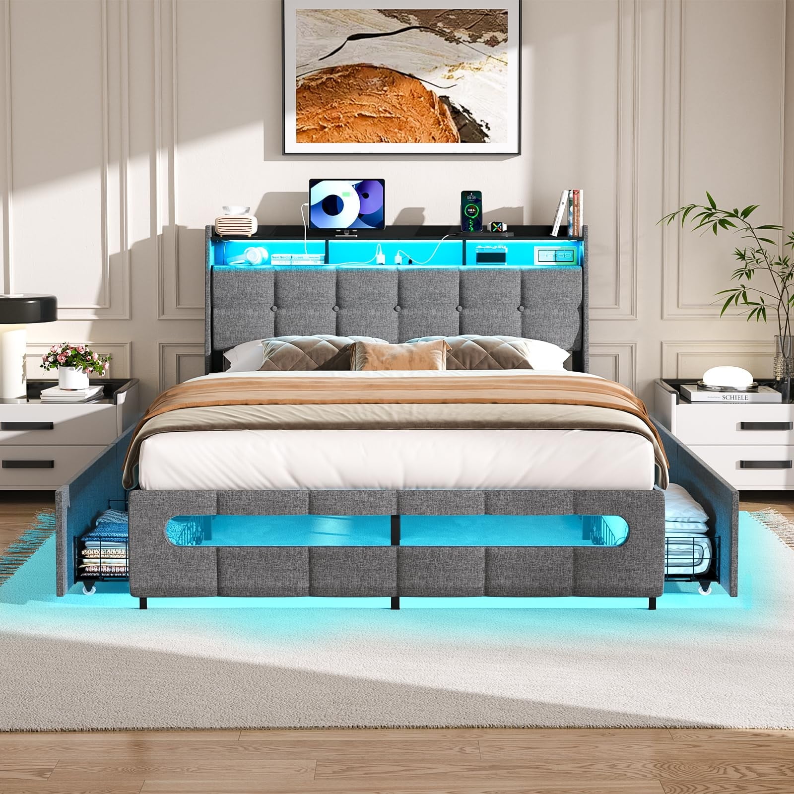 Aheaplus Full Size Bed Frame with Drawers Charging Station LED Light, Upholstered Full Bed Frame with Storage Headboard, Heavy Duty Wood Slats, No Box Spring Needed, Noise Free, Gray