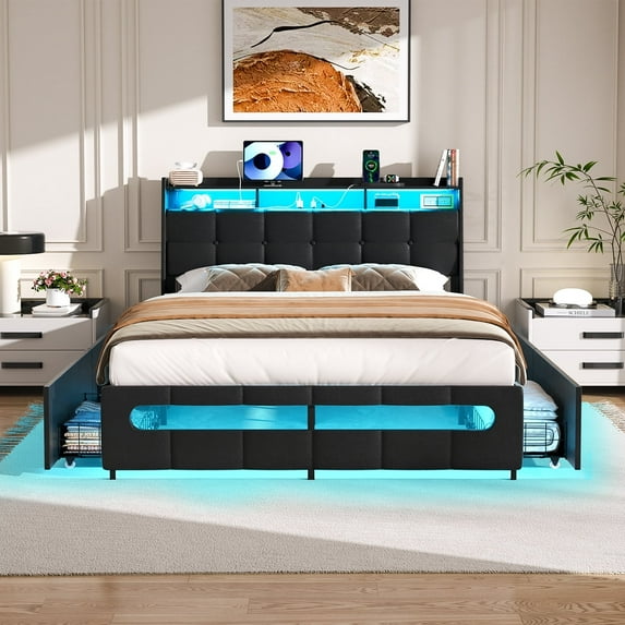 Aheaplus Full Size Bed Frame with Drawers Charging Station LED Light, Upholstered PU Leather Full Bed Frame with Storage Headboard, Heavy Duty Wood Slats, No Box Spring Needed, Noise Free, Black