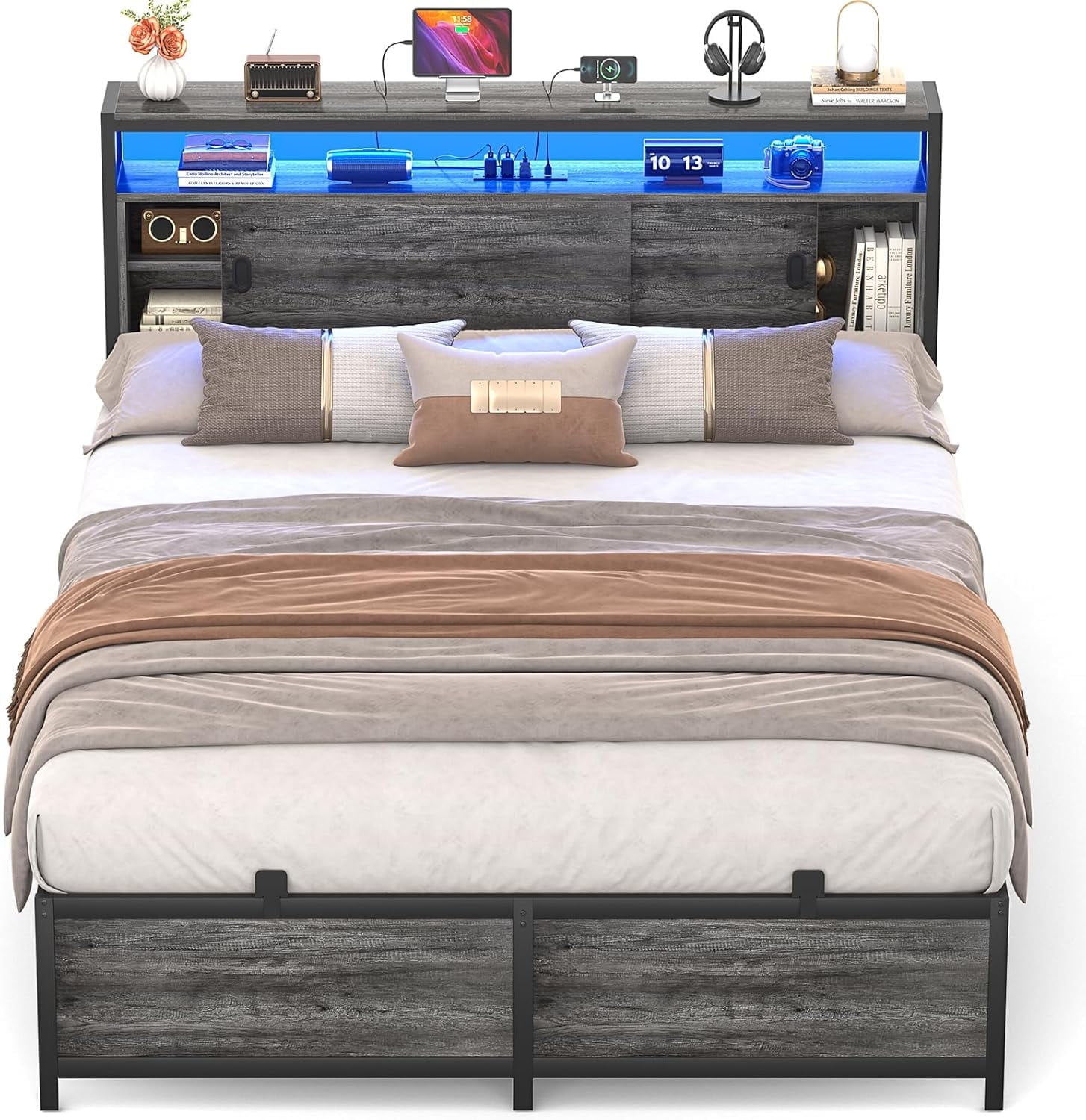 Aheaplus Full Size Bed Frame - Storage Headboard Bed with Sliding Doors, LED Lights & USB Charging Station, Metal Platform Bed Frame, No Box Spring Needed,Gray Oak