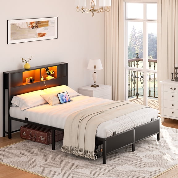 Aheaplus Full Size Bed Frame with Storage Headboard and Charging Station, Industrial Platform Metal Bed with LED Lights, Steel Slat Support, No Box Spring Needed, Noise-Free, Easy Assembly, Black