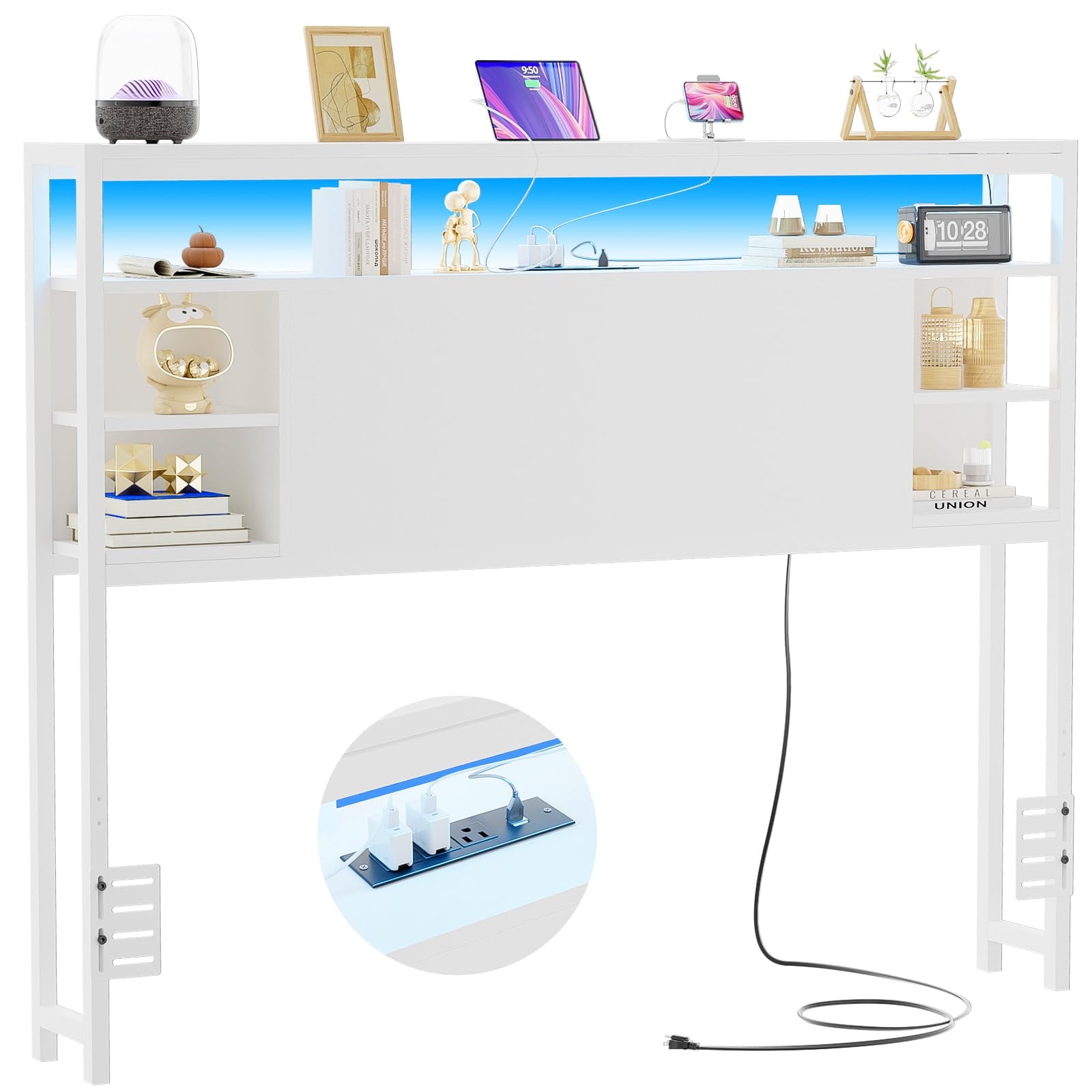 Aheaplus Full Size Headboard with Storage, Outlets & RGB LED Light - Sturdy & Stable Head Board for Bedroom, White - Perfect for Full Size Bed, Dorm Room, and Guest Room