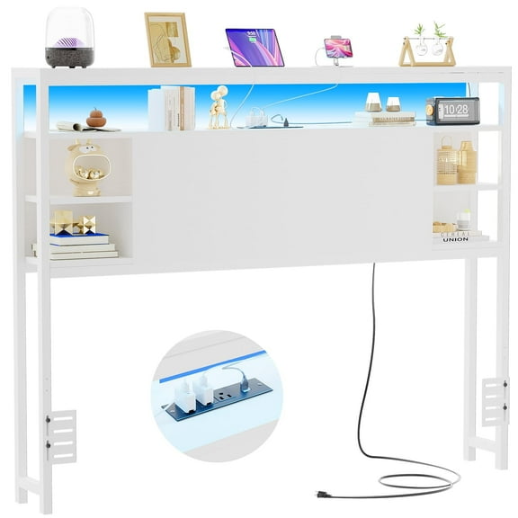 Aheaplus Full Size Headboard with Storage, Outlets & RGB LED Light - Sturdy & Stable Head Board for Bedroom, White - Perfect for Full Size Bed, Dorm Room, and Guest Room