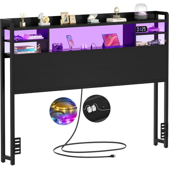 Aheaplus Headboard for Full Size Bed with Storage, Headboards with LED Light, Power Outlets, USB Ports Twin Size Head Board, Wood headboard Only Sturdy and Stable Headboards, Modern, Black