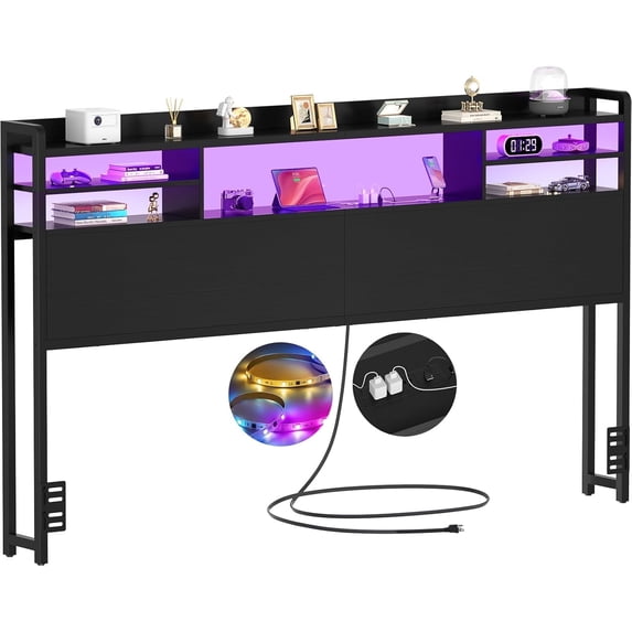 Aheaplus Headboard for King Size Bed with Storage, Headboards with LED Light, Power Outlets, USB Ports Twin Size Head Board, Wood headboard Only Sturdy and Stable Headboards, Modern, Black