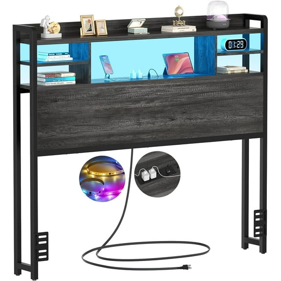 Aheaplus Headboard for Twin Size Bed with Storage, Headboards with LED Light, Power Outlets, USB Ports Twin Size Head Board, Wood headboard Only Sturdy and Stable Headboards, Modern, Black Oak