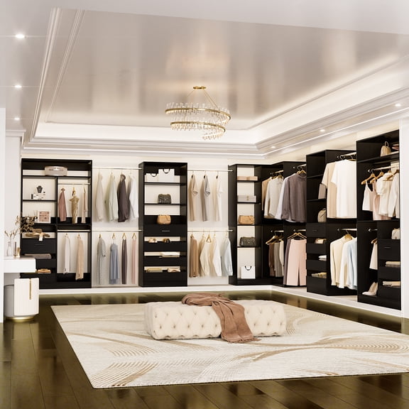 Aheaplus Heavy-Duty Modular Closet System: 2-Piece Wing Rack & 3-Piece Cabinet Set with 14 Adjustable Hanging Rods, Customizable Storage for Walk-In/Reach-In Closets,Black