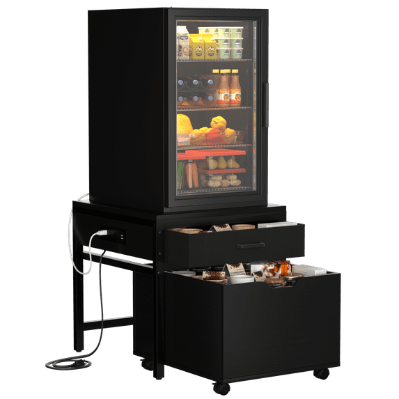 Aheaplus Heavy Duty Rolling Mini Fridge Stand with Drawer Storage & Sockets - Compatible with Mini Fridge & Microwave - for Dorm, Apartment, Office - Black