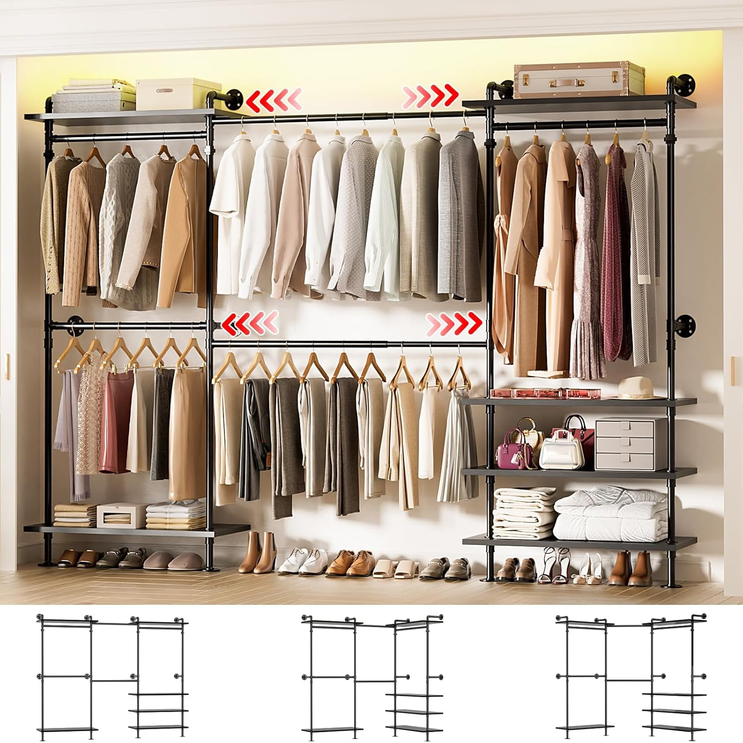 Aheaplus Industrial Pipe Clothing Rack, Expandable Garment Rack, Closet ...