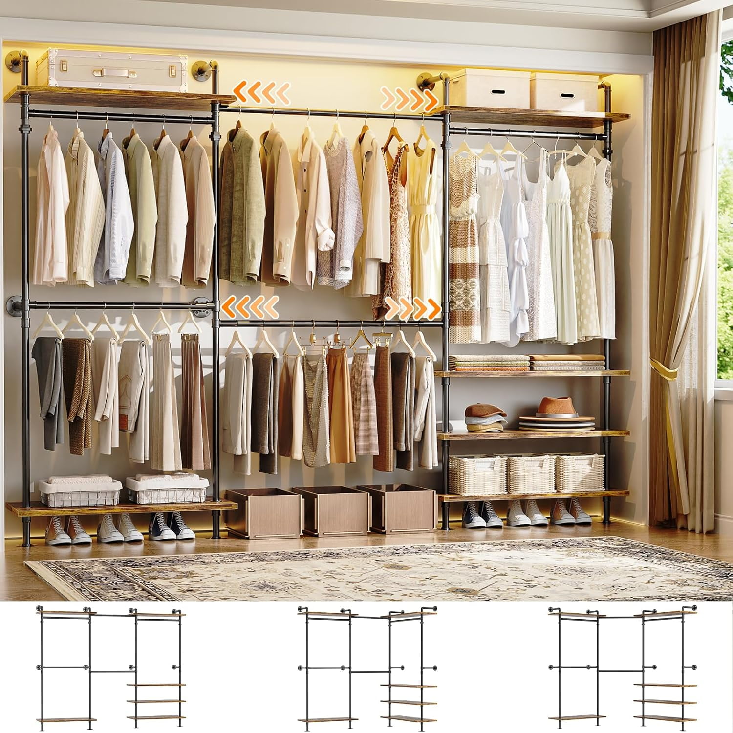 Aheaplus Industrial Pipe Clothing Rack, Expandable Garment Rack, Closet