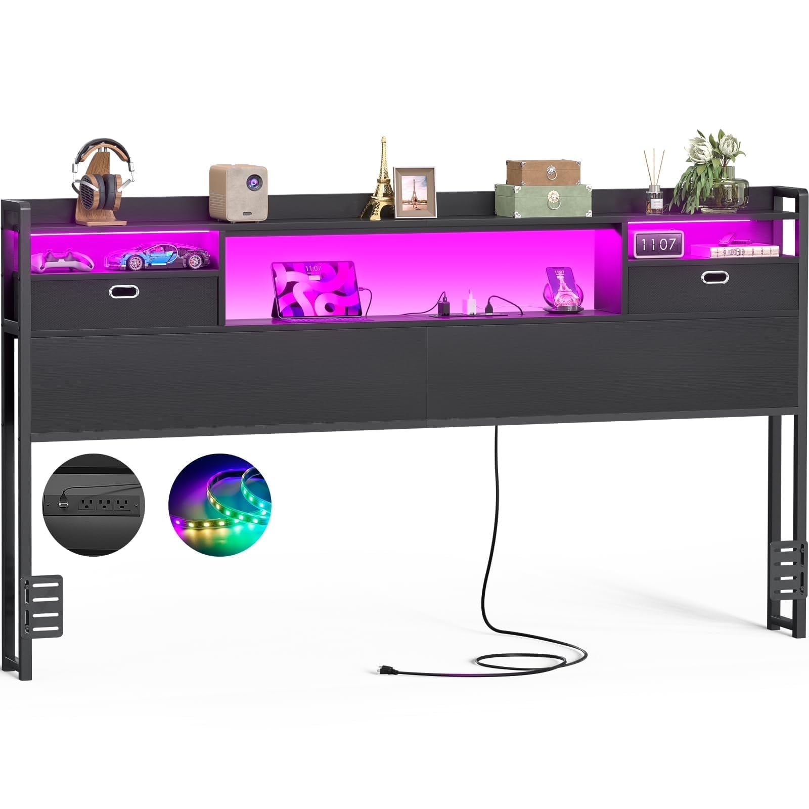Aheaplus King Headboard with Drawer Storage and LED Light, Wood Headboard for King Size Bed with Power Outlet and Bookcase, Sturdy Head Board for Bedroom, Dorm Room, Guest Room, Black