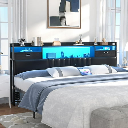 Aheaplus King Headboard with Drawer Storage and RGB LED Light, King Size Upholstered Headboard with Charging Station and Bookcase, for Bedroom/Dorm Room/Guest Room, Black