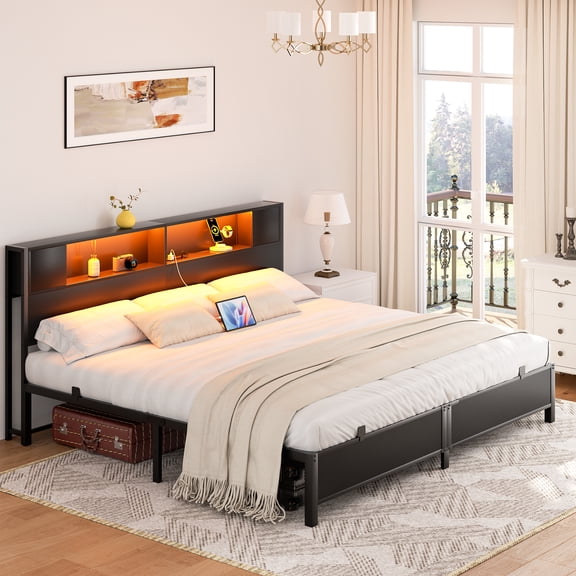 Aheaplus King Size Bed Frame with Storage Headboard and Charging Station, Industrial Platform Metal Bed with LED Lights, Steel Slat Support, No Box Spring Needed, Noise-Free, Easy Assembly, Black