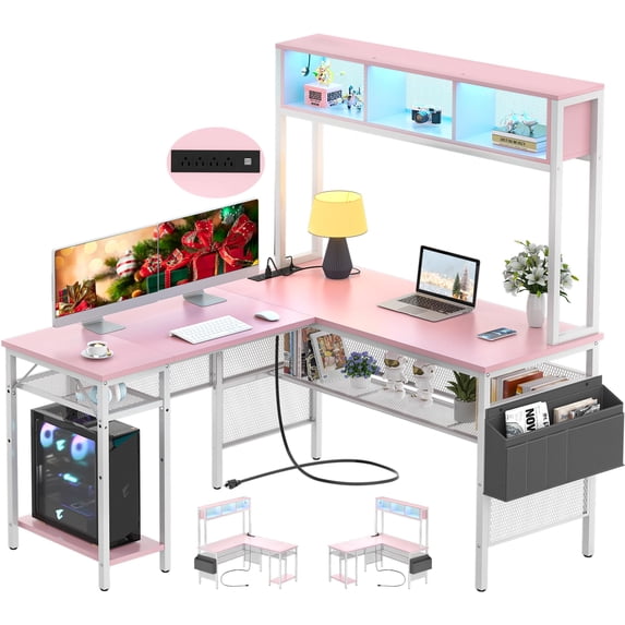 Aheaplus L Shaped Computer Desk with Shelves and Bag, Reversible Gaming Desk with LED Strip and Power Outlets