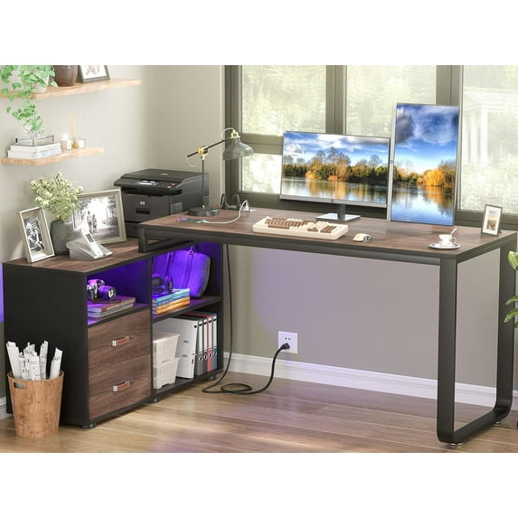 Aheaplus L Shaped Desk with Drawers, 55" Corner Computer Desk with File Cabinet, L-Shaped Desk with Power Outlets &LED Lights, Large Reversible Desk with and Storage Shelves for Home Office, Espresso