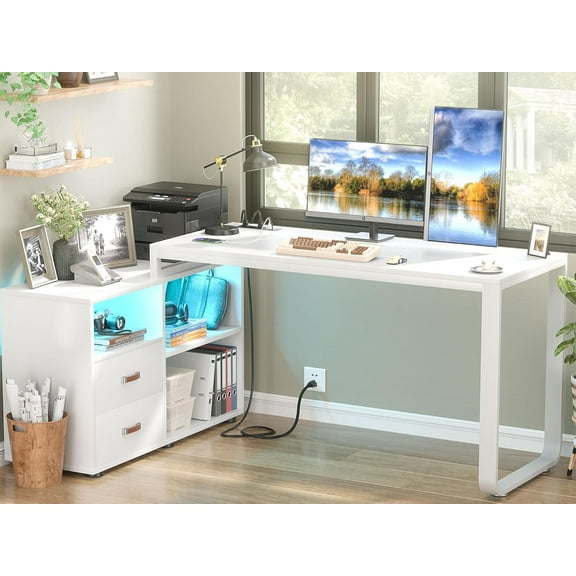 Aheaplus L Shaped Desk with Drawers, 55" Corner Computer Desk with File Cabinet, L-Shaped Desk with Power Outlets &LED Lights, Large Reversible Desk with and Storage Shelves for Home Office, White