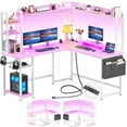 thumbnail image 1 of Aheaplus L Shaped Desk with Power Outlet, L Shaped Gaming Desk with Led Light & Hutch, Reversible Home Office Desk, Corner Computer Desk with Monitor Stand & Storage Shelves, Pink, 1 of 8