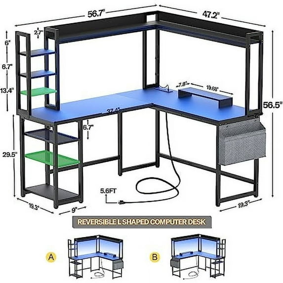 Aheaplus L Shaped Desk with Power Outlet, L Shaped Gaming Desk with Led Light & Hutch, Reversible Home Office Desk, Corner Computer Desk Writing Desk with Monitor Stand & Storage S