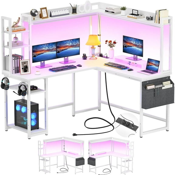 Aheaplus L Shaped Desk with Power Outlet, L Shaped Gaming Desk with Led Light & Hutch, Reversible Home Office Desk, Corner Computer Desk Writing Desk with Monitor Stand & Storage Shelves, White