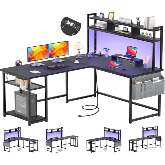 Aheaplus L Shaped Gaming Desk, 59" Gaming Desk with Power Outlet and Led Lights, Reversible L Shaped Computer Desk with Hutch & Monitor Stand, Home Office Desk L Shaped Desk Corner Desk, Black