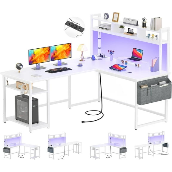 Aheaplus L Shaped Gaming Desk, 59" Reversible Gaming Desk with Power Outlet and Led Lights, L Shaped Computer Desk with Storage Shelves & Monitor Stand, Home Office Desk L Shaped Corner Desk, White