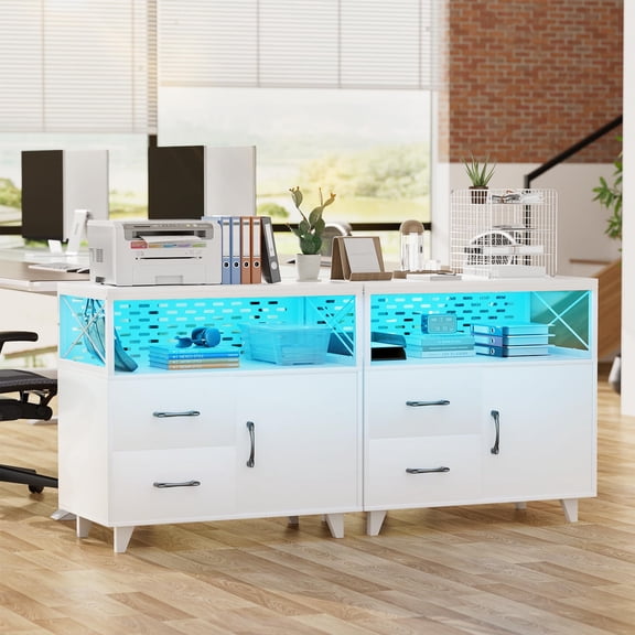 Aheaplus Lateral File Cabinet with LED Light, Office Filing Cabinets with Drawers and Shelf