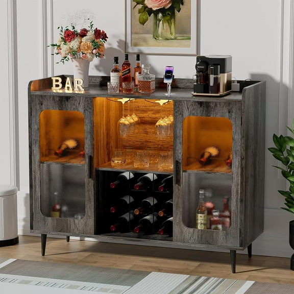 Aheaplus Liquor Cabinet Bar with Power Outlet and LED Light, Wine Bar Cabinet with Glasses Rack, Home Coffee Bar Cabinet, Buffet Sideboard with Storage Shelf for Kitchen, Dining Room, Black Oak
