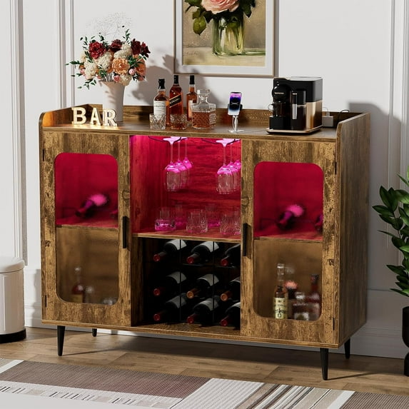 Aheaplus Liquor Cabinet Bar with Power Outlet & LED Light, Wine Bar Cabinet with Glasses Rack, Home Coffee Bar Cabinet, Buffet Sideboard with Storage Shelf for Kitchen, Dining Room, Rustic Brown