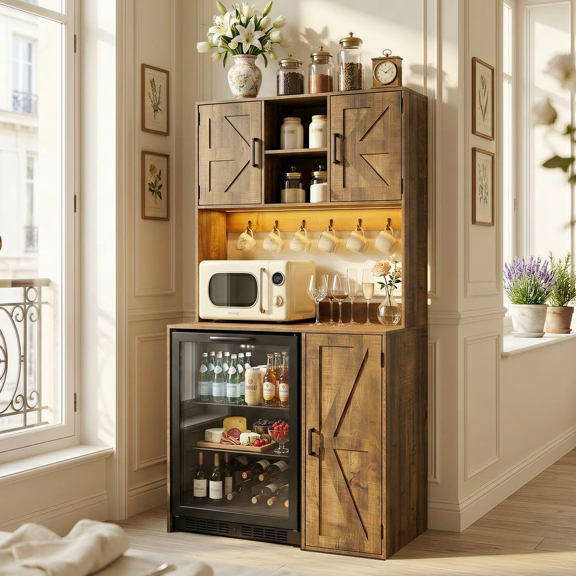 Aheaplus Multifunctional Mini Fridge Cabinet: Coffee Bar, Wine Stand & Beverage Station with Outlet, LED Light & Microwave Shelf, for Kitchen, Dorm, Office,Brown