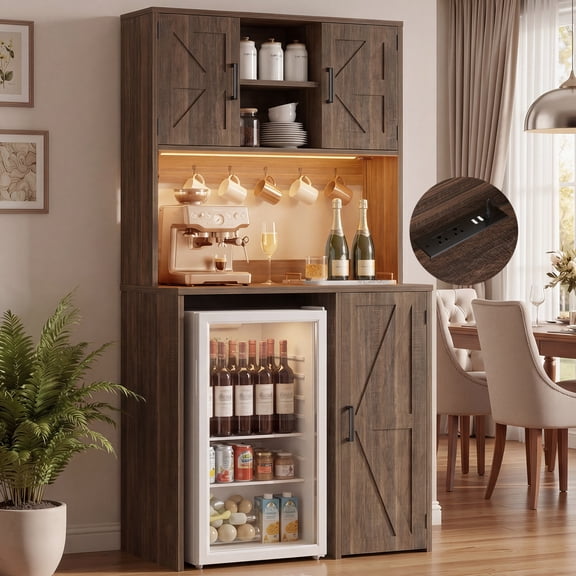 Aheaplus Multifunctional Mini Fridge Cabinet: Coffee Bar, Wine Stand & Beverage Station with Outlet, LED Light & Microwave Shelf, for Kitchen, Dorm, Office,Brown