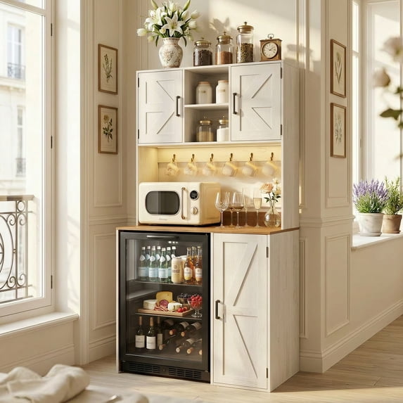 Aheaplus Multifunctional Mini Fridge Cabinet: Coffee Bar, Wine Stand & Beverage Station with Outlet, LED Light & Microwave Shelf, for Kitchen, Dorm, Office,White