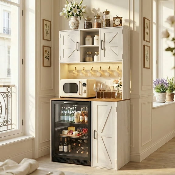 Aheaplus Multifunctional Mini Fridge Cabinet: Coffee Bar, Wine Stand & Beverage Station with Outlet, LED Light & Microwave Shelf, for Kitchen, Dorm, Office,White