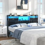 Aheaplus Queen Headboard with Drawer Storage and RGB LED Light, Queen Size Upholstered Headboard with Charging Station and Bookcase, for Bedroom/Dorm Room/Guest Room, Black Oak