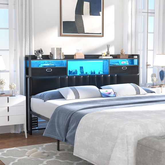 Aheaplus Queen Headboard with Drawer Storage and RGB LED Light, Queen Size Upholstered Headboard with Charging Station and Bookcase, for Bedroom/Dorm Room/Guest Room, Black Oak
