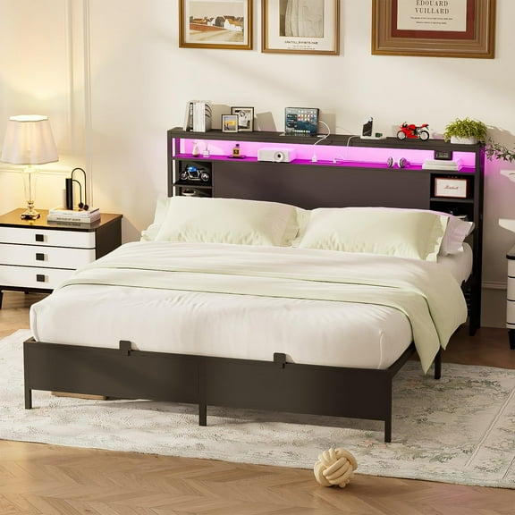 Aheaplus Queen Size Bed Frame with Charging Station and RGB LED Lights, Sturdy Platform Bed with Storage Headboard, Solid Metal Slats, Noise Free, No Box Spring Needed, Easy Assembly,Black
