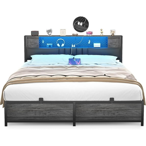 Aheaplus Queen Size Bed Frame with Power Outlet & LED Light, Platform Bed with Upholstered Headboard and Storage, Sturdy Metal Slats Support, No Box Spring Needed, Noise-Free,Black Oak