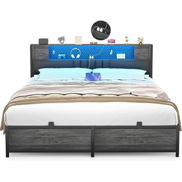 Aheaplus Queen Size Bed Frame with Power Outlet & LED Light, Platform Bed with Upholstered Headboard and Storage, Sturdy Metal Slats Support, No Box Spring Needed, Noise-Free,Black Oak