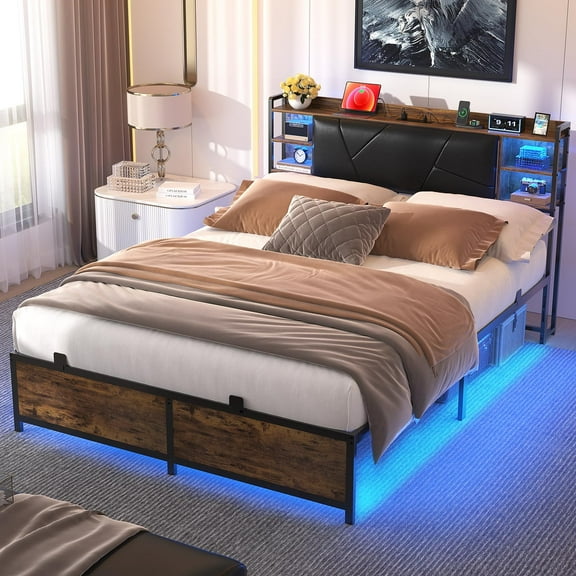 Aheaplus Queen Size Bed Frame with RGB LED Lights and Power Outlets, No Box Spring Needed Platform Bed with Storage Upholstered Headboard