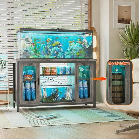 Aheaplus Reptile Tank Stand Fish Tank Stand with Power Outlets & LED Light, 55-75 Gallon Reversible Terrarium Stand with Cabinet, Metal Aquarium Stand for Reptile Terrarium, Turtle Tank, Black Oak