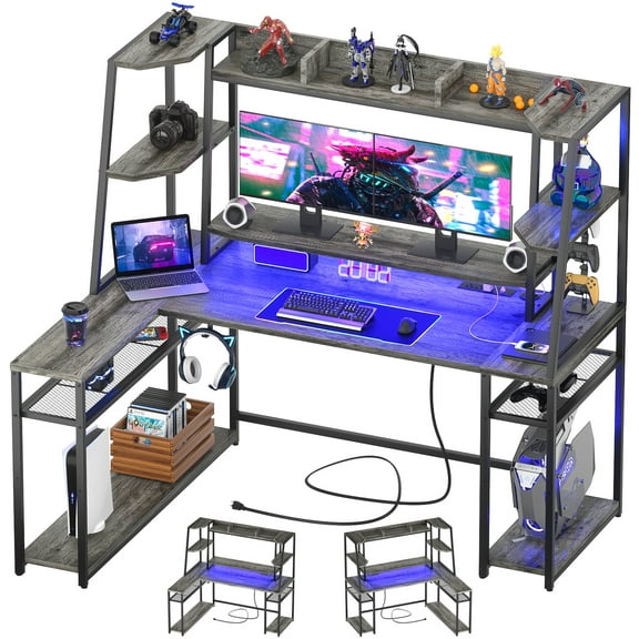 Aheaplus Reversible Computer Desk with Hutch & Shelves, L Shaped Gaming Desk with LED Lights & Power Strips
